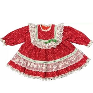 VTG 1980s Bryan Baby Girl 6-9MRed Calico Christmas Dress Lace Green Ribbon Prair